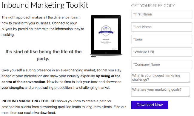 Website Form from Inbox Communications Inbound Marketing Toolkit Landing Page