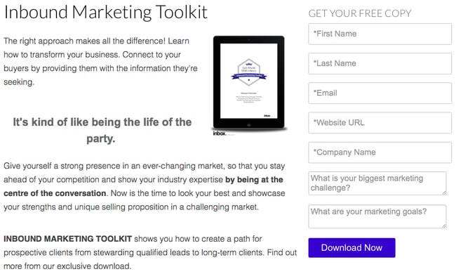 Website Form from Inbox Communications Inbound Marketing Toolkit Landing Page